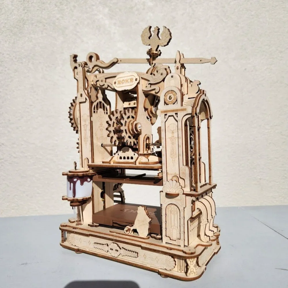Printing Press Mechanical Model Decor Wood Wooden STEM Display A Real working Me